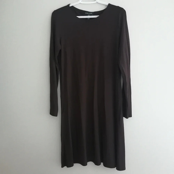 Eileen Fisher Long Sleeve Chocolate Brown Stretch Jersey Knee Length Dress XS - Picture 2 of 13